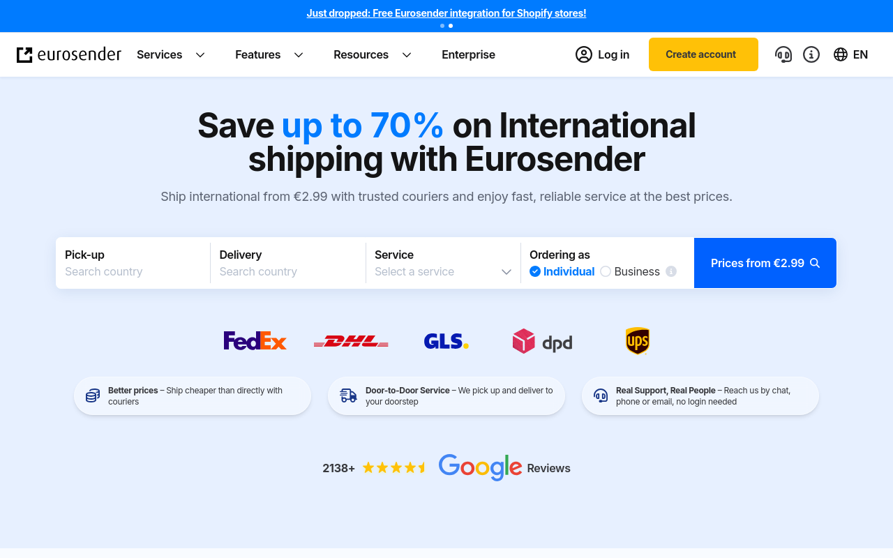 Screenshot von eurosender.com