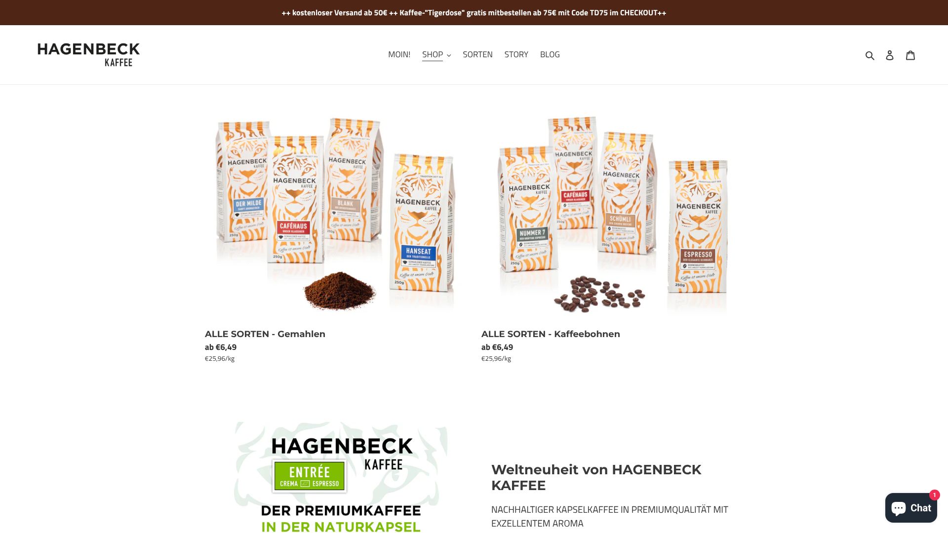 Screenshot von Hagenbeck Kaffee