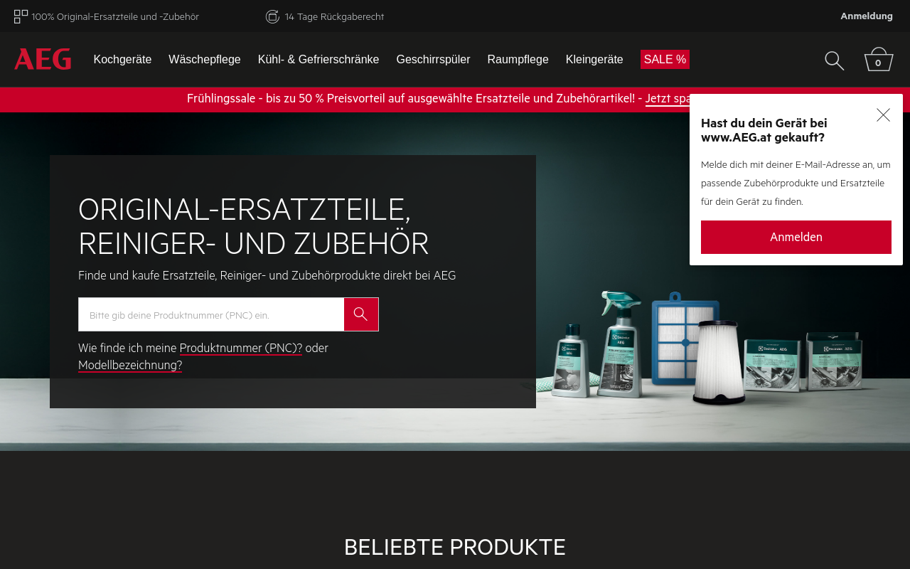 Screenshot von AEG Shop AT - Ersatzteile und Zubehör