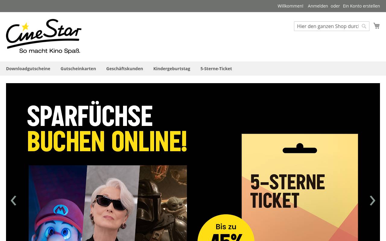 Screenshot von CineStar Geschenkgutscheine